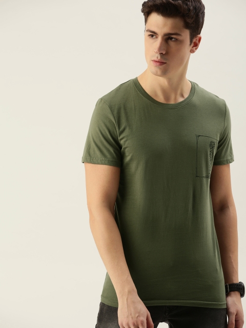 

SINGLE Men Olive Green Solid Round Neck T-shirt with Printed Details