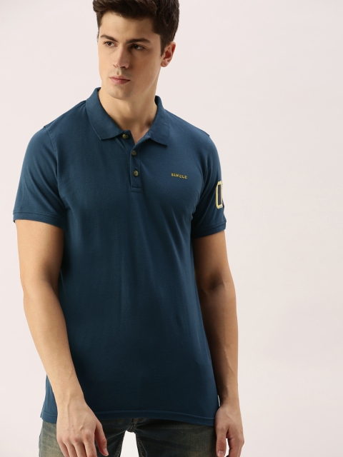 

SINGLE Men Navy Blue Solid Polo Collar Pure Cotton T-shirt with Embroidered Sleeve