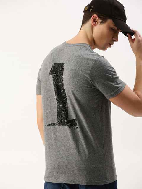 

SINGLE Men Grey Melange Printed Round Neck T-shirt