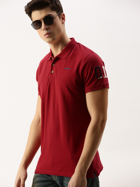 

SINGLE Men Red Solid Polo Collar Pure Cotton T-shirt