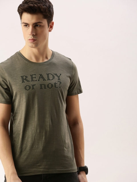 

SINGLE Men Olive Green Printed Round Neck T-shirt