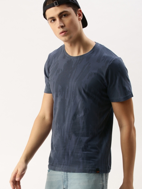 

SINGLE Men Navy Blue Printed Round Neck T-shirt