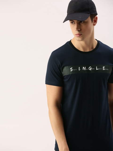 

SINGLE Men Navy Blue Slim Fit Printed Round Neck T-shirt
