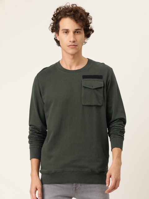 

SINGLE Men Olive Green Solid Sweatshirt with Pocket