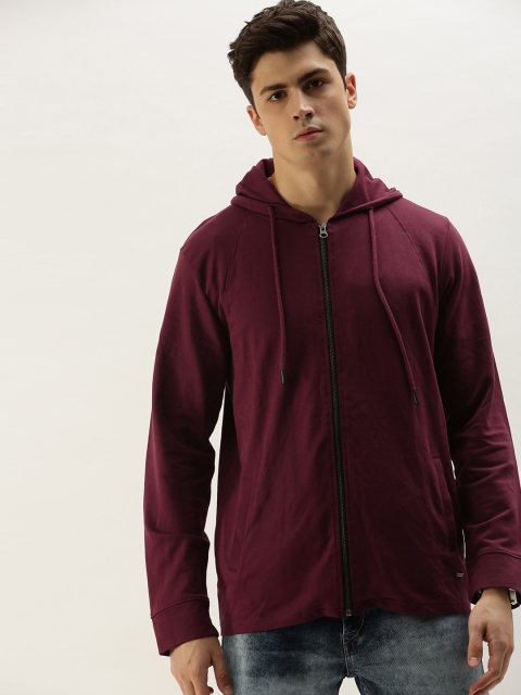 

SINGLE Men Burgundy Solid Hooded Sweatshirt