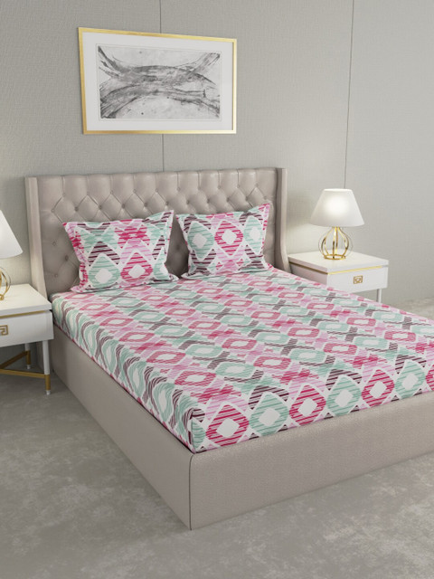 

Raymond Home White & Pink Geometric 104 TC Cotton 1 Queen Bedsheet with 2 Pillow Covers