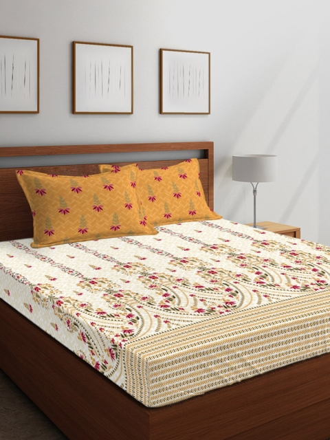 

Boutique Living India White & Beige Ethnic Motifs 144 TC Cotton 1 Queen Bedsheet with 2 Pillow Covers
