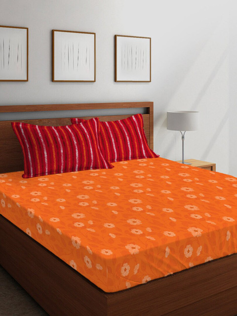 

Boutique Living India Orange Floral 144 TC Cotton 1 Queen Bedsheet with 2 Pillow Covers