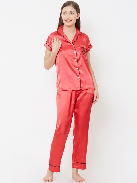 

Sweet Dreams Women Red Solid Satin Night Suit