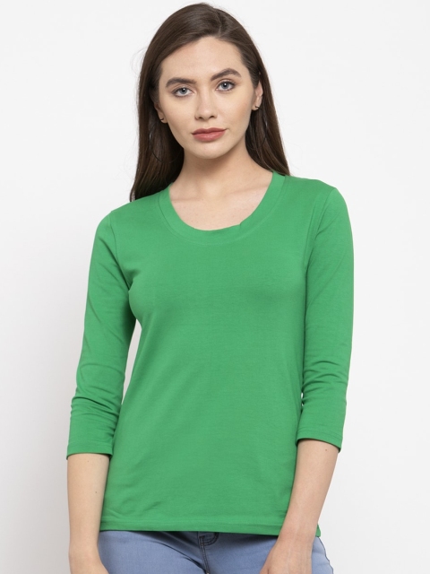 

DOOR74 Women Green Solid Round Neck T-shirt