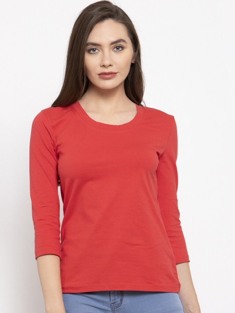 

DOOR74 Women Red Solid Round Neck T-shirt