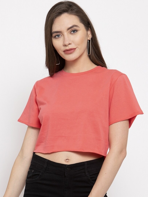 

DOOR74 Women Coral Peach Solid Round Neck Crop T-shirt