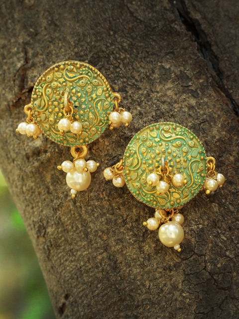 

Adwitiya Collection 24CT Gold-Plated & Green Circular Drop Earrings