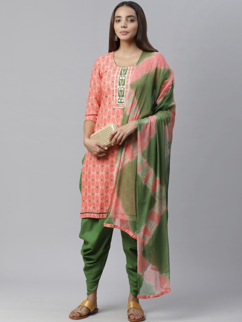 

Chhabra 555 Pink & Green Ikat Printed Unstitched Dress Material