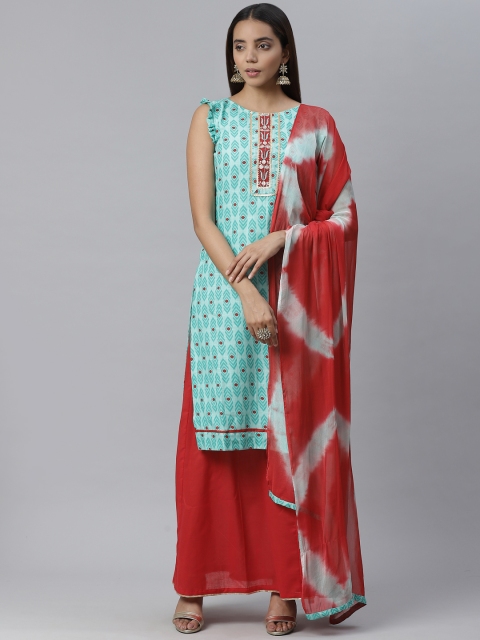 

Chhabra 555 Sea Green & Red Ikat Printed Unstitched Dress Material