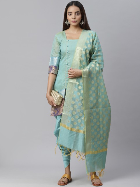 

Chhabra 555 Blue & Golden Zari Woven Design Unstitched Dress Material