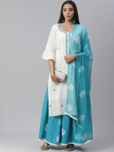 

Chhabra 555 Off-White & Teal Blue Mirror Work & Embroidered Semi-Stitched Dress Material