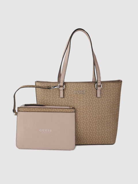 

GUESS Beige & Brown Brand Logo Print Shoulder Bag with Pouch