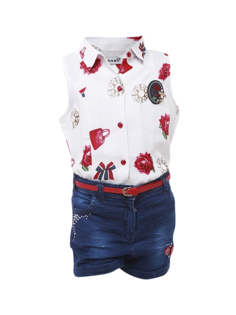 

Tiny Baby Girls Blue & White Printed Shirt with Denim Shorts