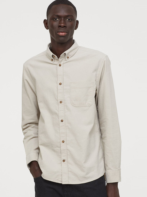 

H&M Men Beige Solid Corduroy Shirt Regular Fit