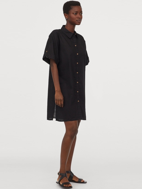 

H&M Women Black Long Linen-Blend Shirt