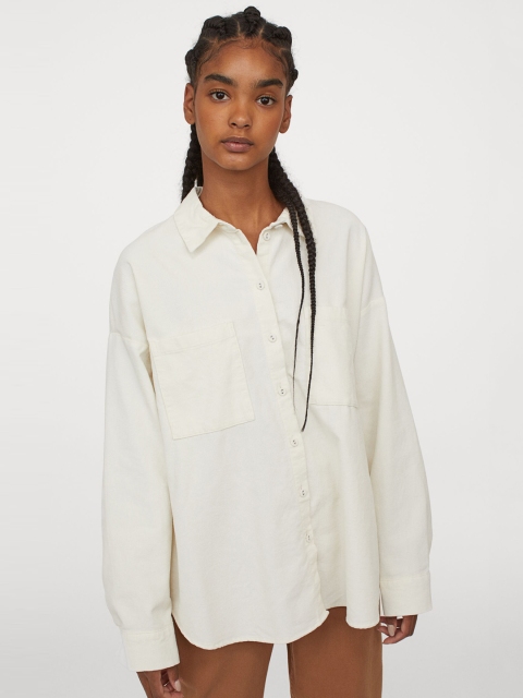 

H&M Women Off White Solid Corduroy Shirt