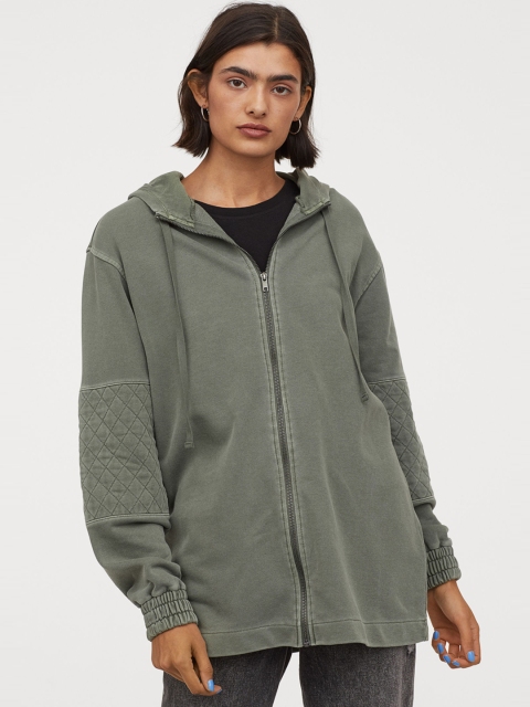 

H&M Women Green Solid Long Zip-Through Hoodie