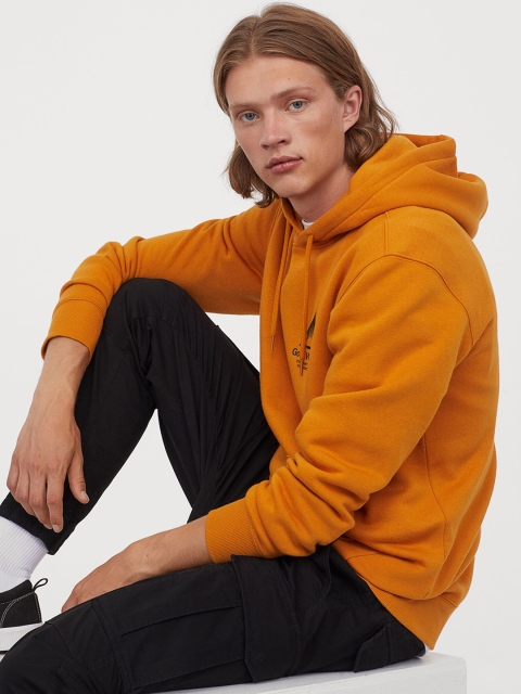 

H&M Men Orange Printed Hooded Top