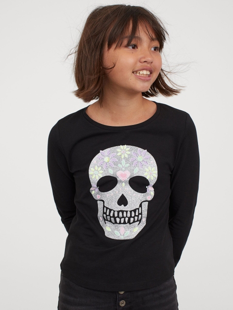 

H&M Girls Black Printed Jersey Top