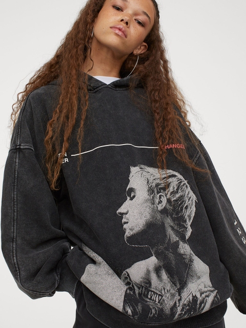 

H&M Women Black Oversized Printed Hoodie