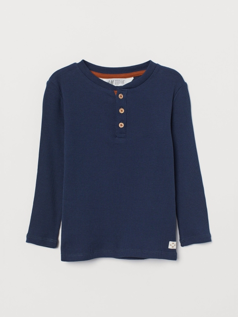 

H&M Boys Navy Blue Solid Ribbed Cotton Henley T-shirt