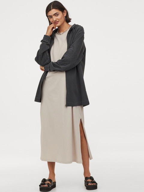 

H&M Women Grey Solid Long Zip-Through Hoodie