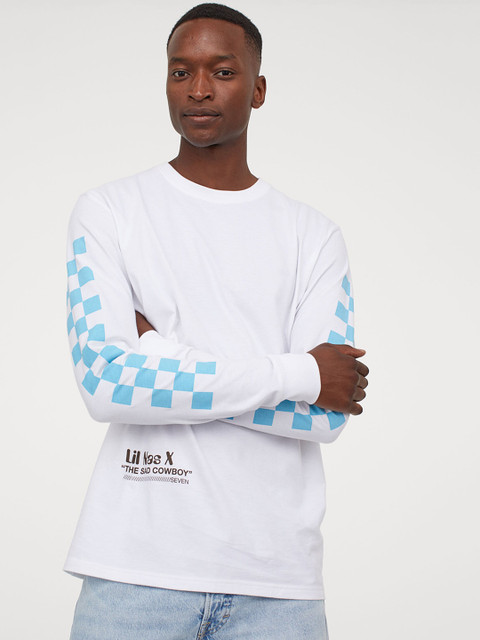 

H&M Men White & Blue Printed Jersey Top