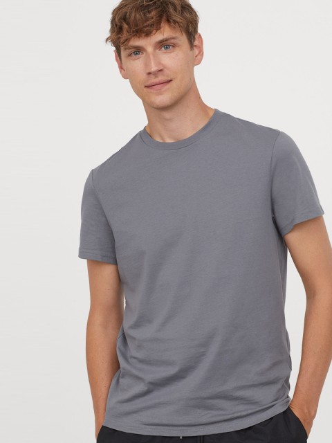 

HM Men Grey Round-Neck Cotton Pure Cotton T-shirt Regular Fit