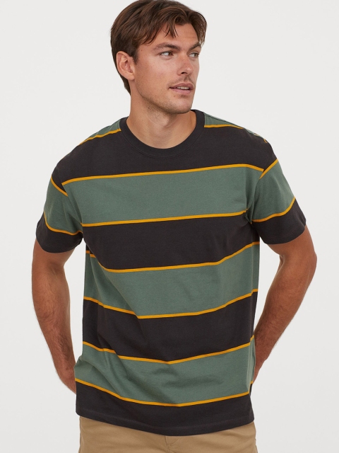 

H&M Men Black & Green Striped T-shirt