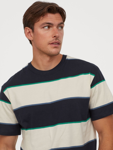 

H&M Men Navy Blue & Off-White Striped T-shirt