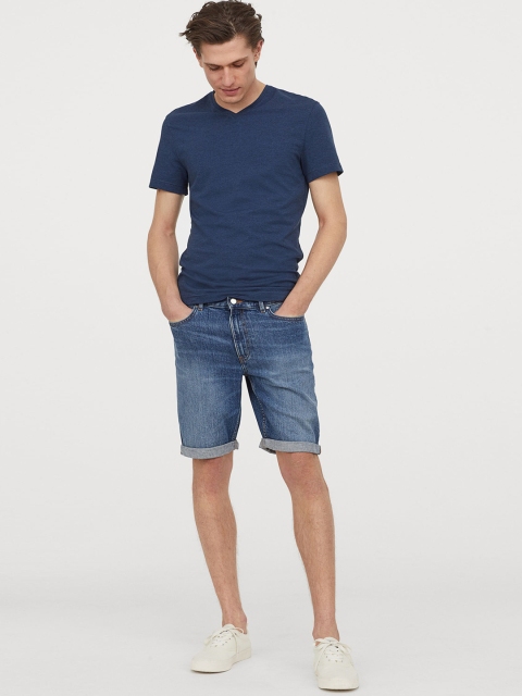 

H&M Men Navy Blue V-Neck T-Shirt Slim Fit
