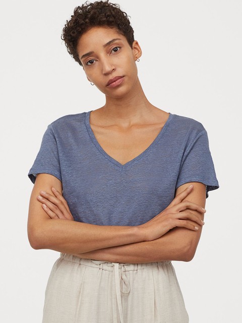 

H&M Women Blue Linen T-shirt