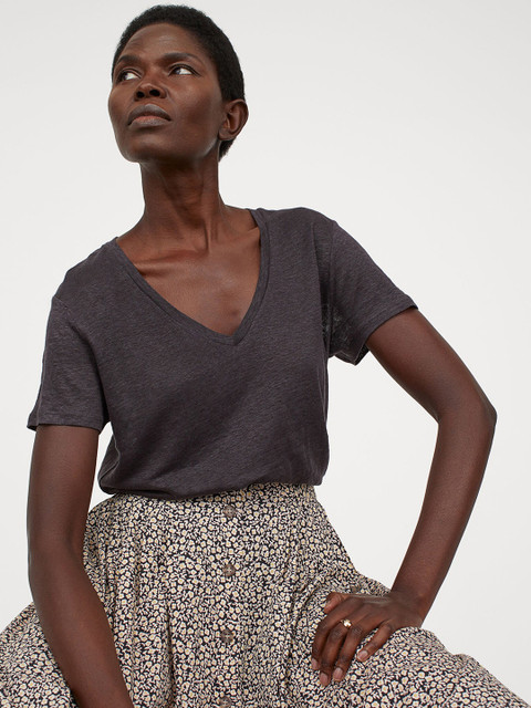 

H&M Women Charcoal Grey Linen T-shirt