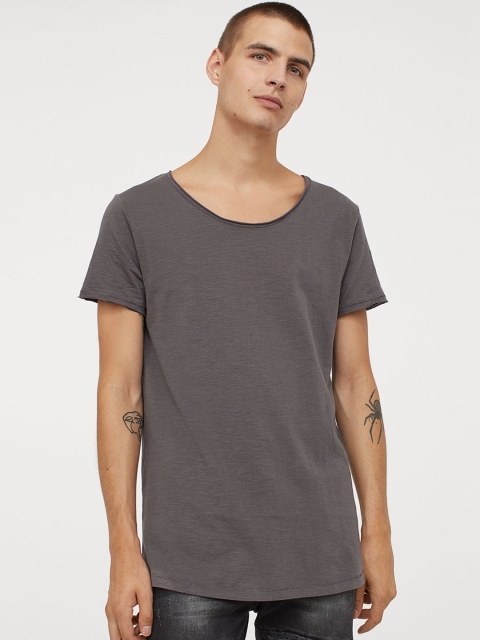 

H&M Men Grey Raw-Edge T-Shirt