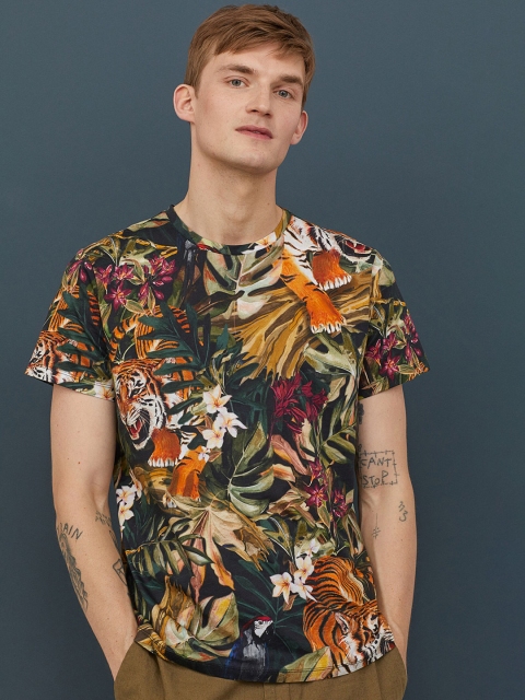 

H&M Men Multicoloured Tropical Print Cotton T-shirt, Multi