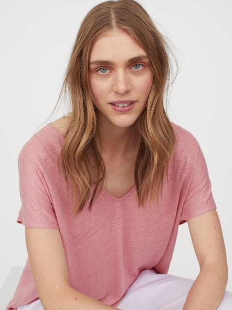 

H&M Women Pink V Neck Linen T-shirt