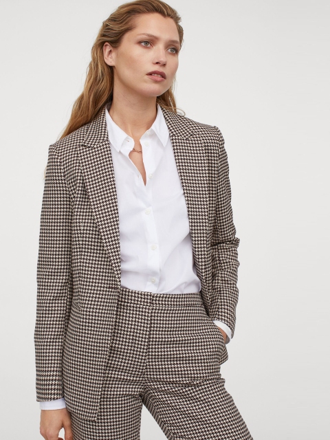 

H&M Women Beige & Brown Houndstooth Print Single-Breasted Jacket