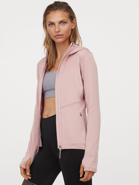 

H&M Women Pink Solid Hooded Fleece Jacket