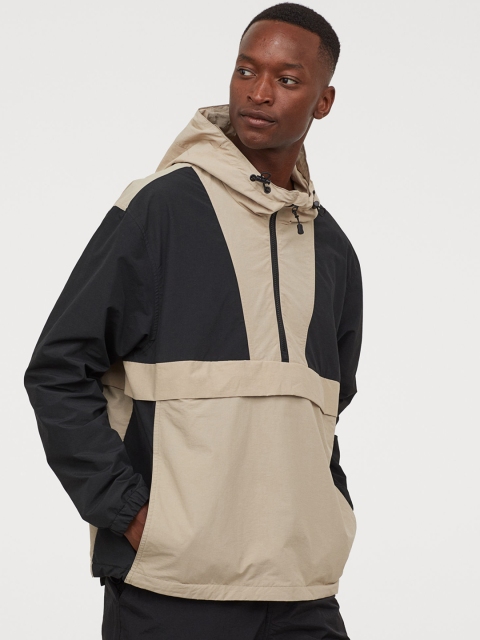 

H&M Men Beige & Black Hooded Popover Jacket
