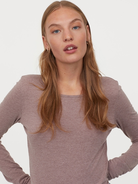 

H&M Women Grey Solid Long-Sleeved Jersey Top, Beige