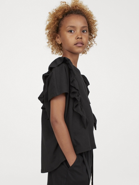 

H&M Girls Flounce-Trimmed Jersey Top, Black