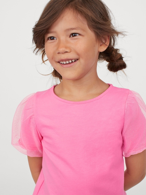 

H&M Girls Pink Solid Puff-Sleeved Jersey Top