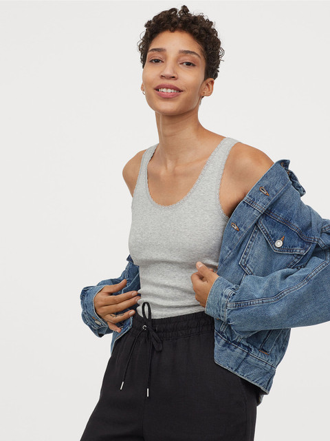 

H&M Women Grey Solid Vest Top With Lace Trims