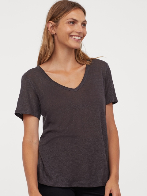 

H&M Women Charcoal Grey Solid Linen Jersey Top